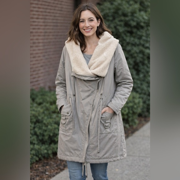 ASOS Jackets & Blazers - Women's Grey Parka Coat with Faux Fur Collar